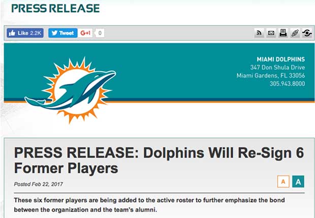 Miami Dolphins Press Release Sample
