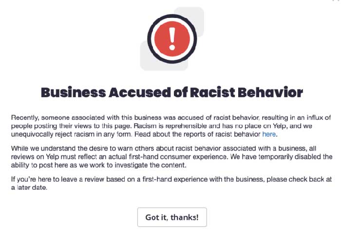 Yelp Racist Alert