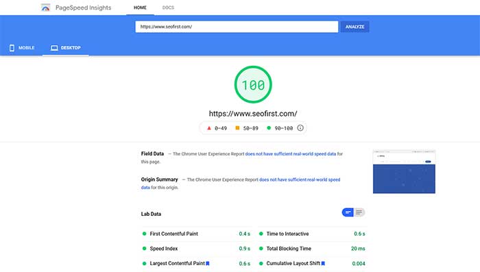 SEOFirst.com PageSpeed Insights Score on Desktop